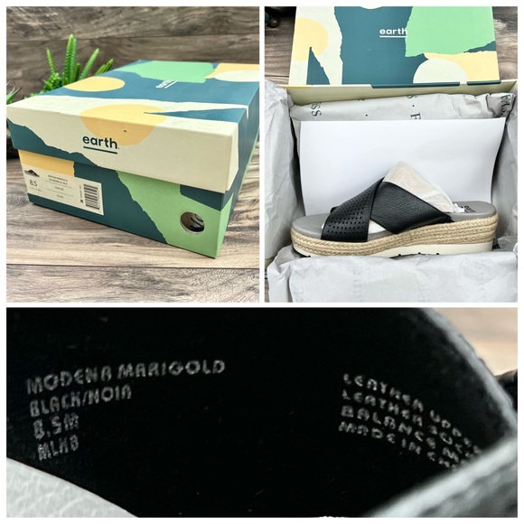 Earth Modena Marigold Espadrille Platform Wedge Slide Sandal 8.5M Black Leather - Picture 11 of 11